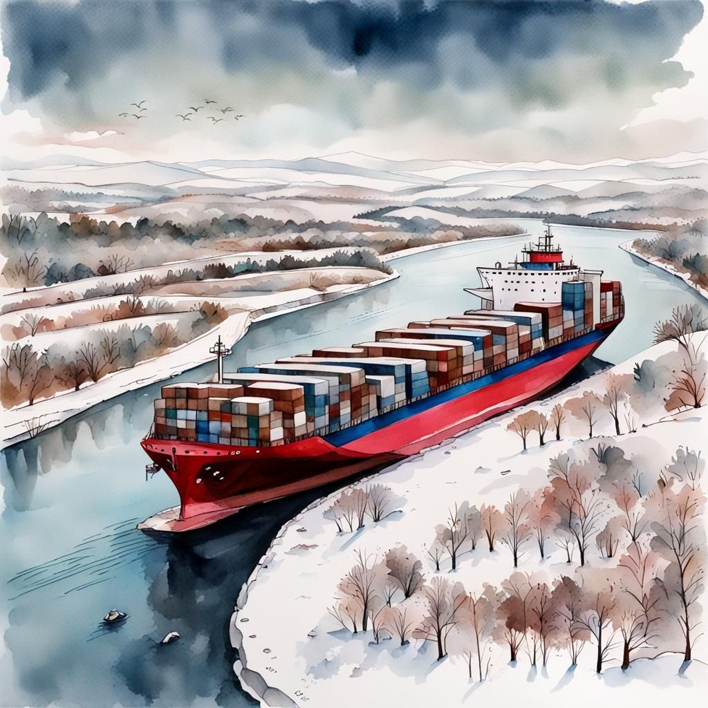 Container Ship on Winter River: Watercolor Illustration