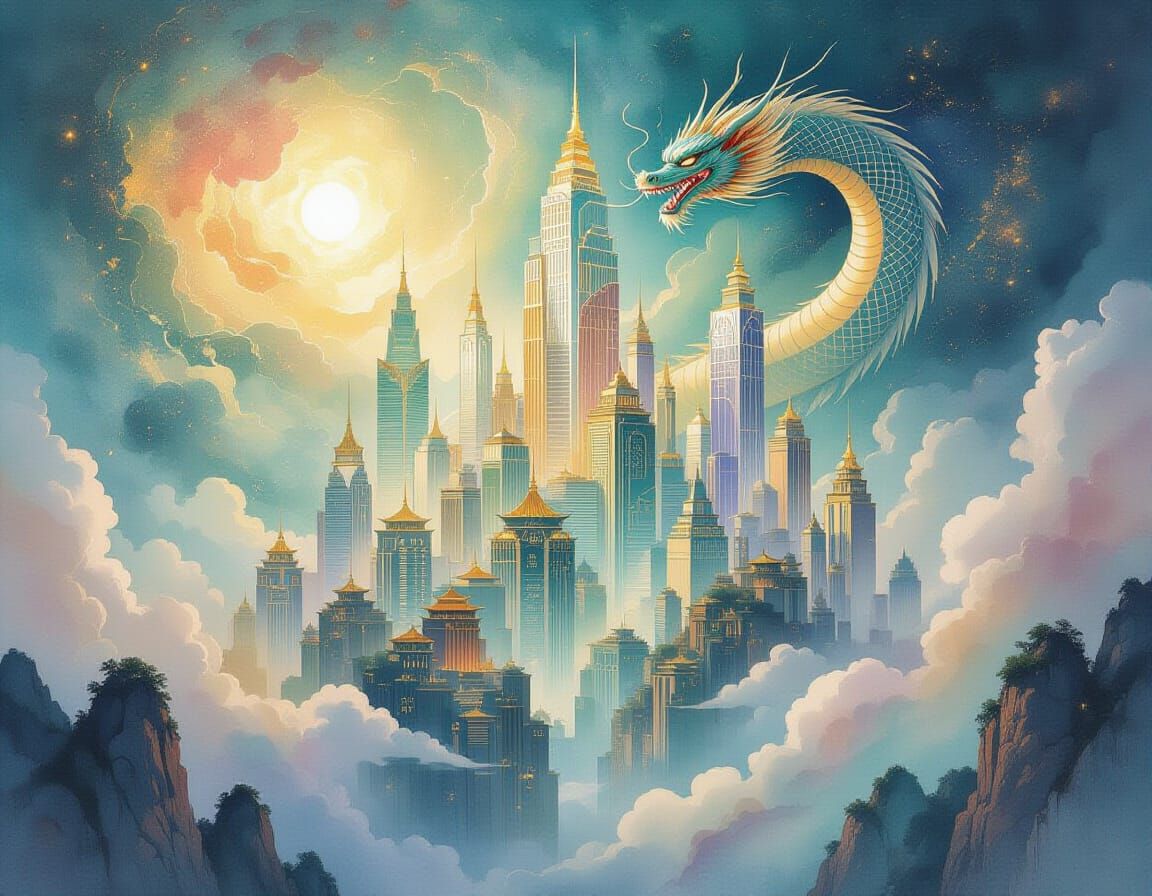 Ethereal Floating City with Dragon in Chinese Ink Style