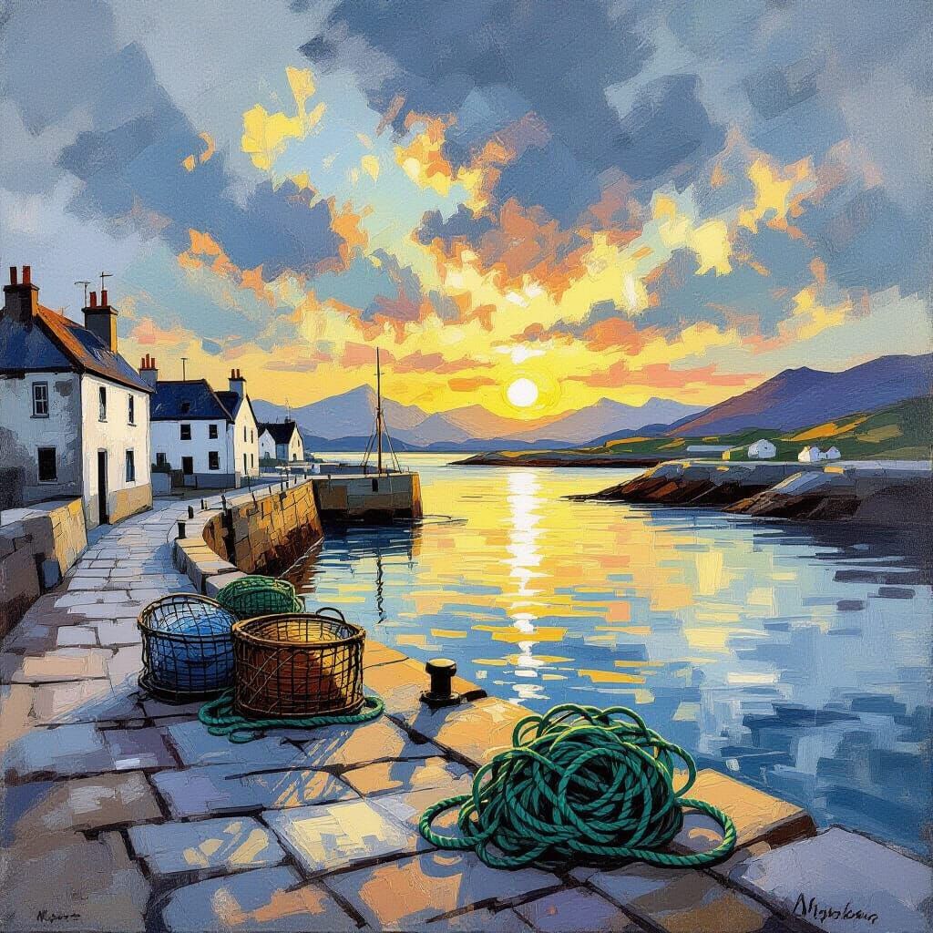 Jack Butler Yeats Style Harbour Sunset with Lobster Pots