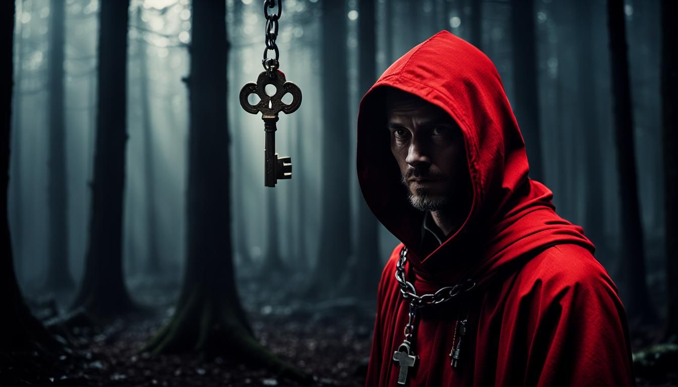 Mysterious Monk with Key in Cinematic Still