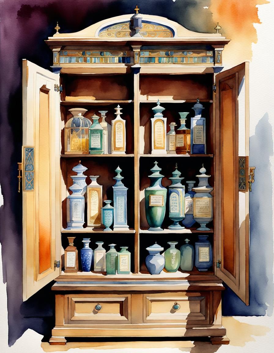 Egyptian Revival Apothecary Cabinet in Watercolor Style