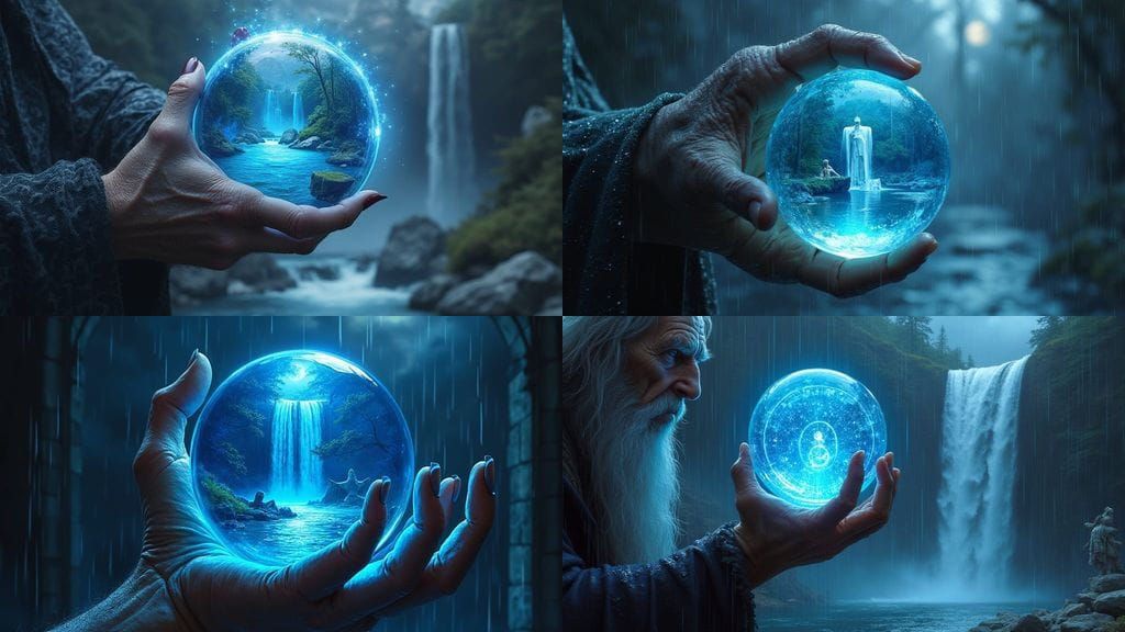Wizard Holds Mystical Portal Orb in Moonlit Castle