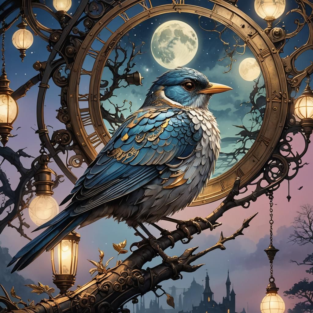 Steampunk Bird Under Full Moon Watercolor Concept Art