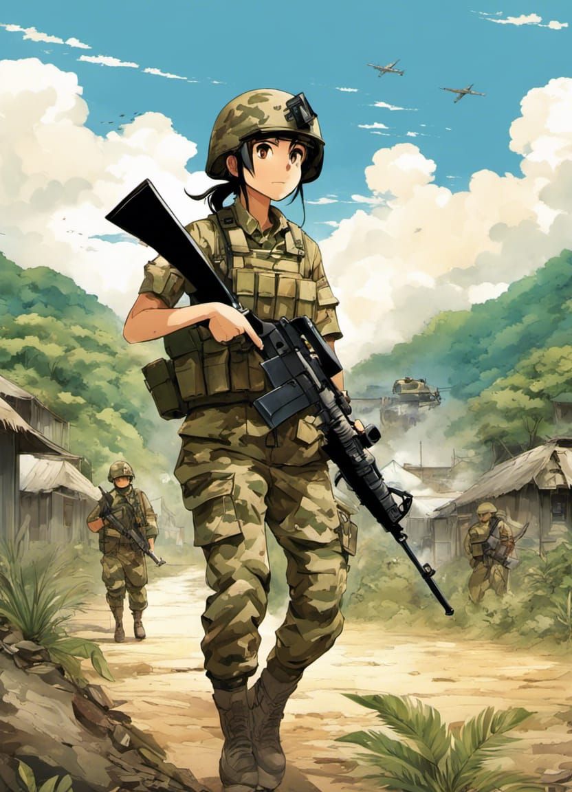 Anime Soldier in Tropical War Zone