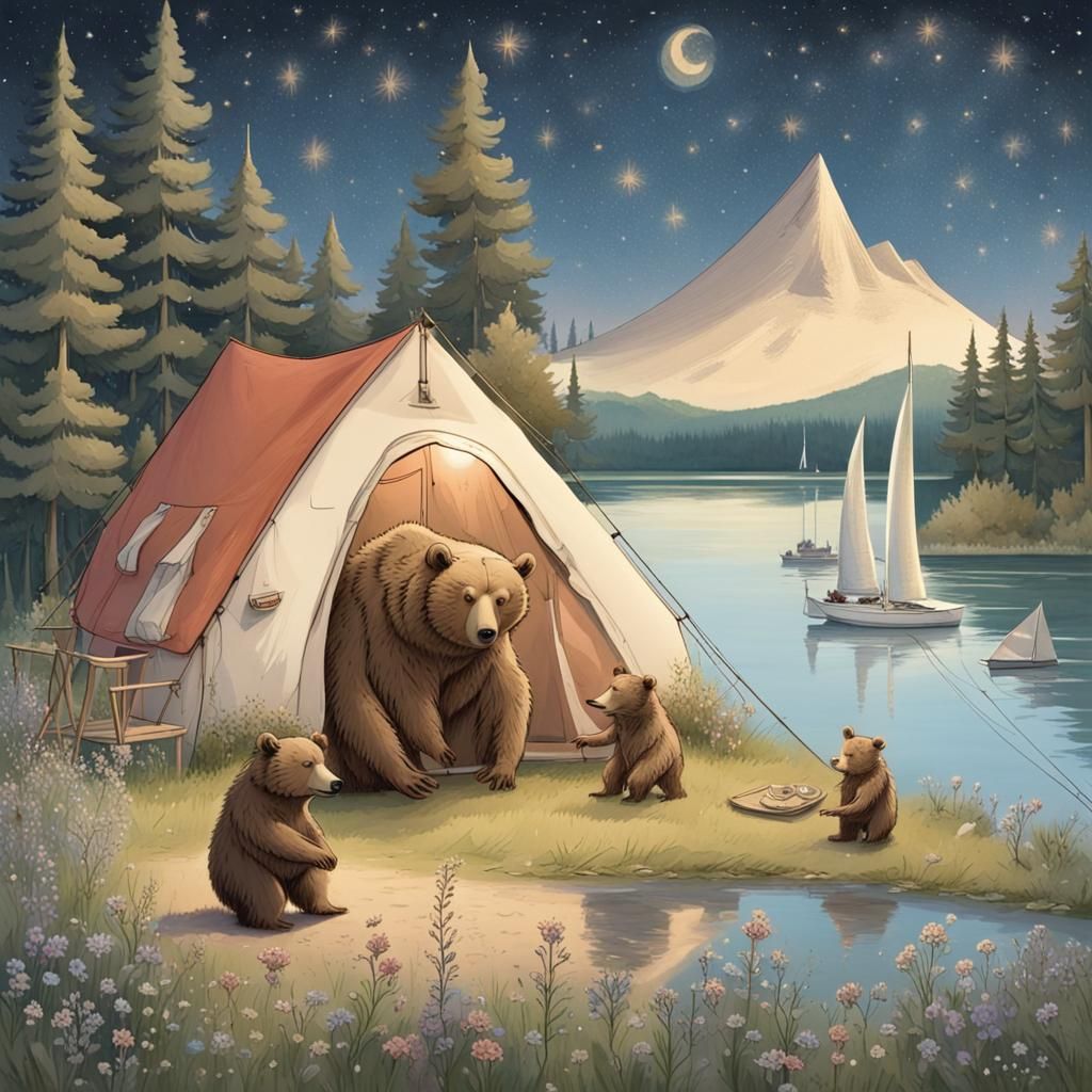 Bear Family Camps Lakeside Under Starry Sky