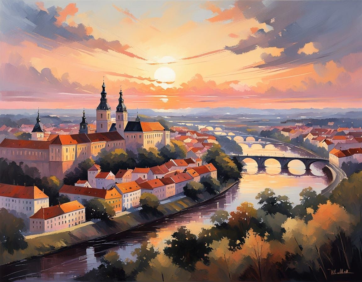 Vilnius Cityscape at Golden Hour in Impressionist Style