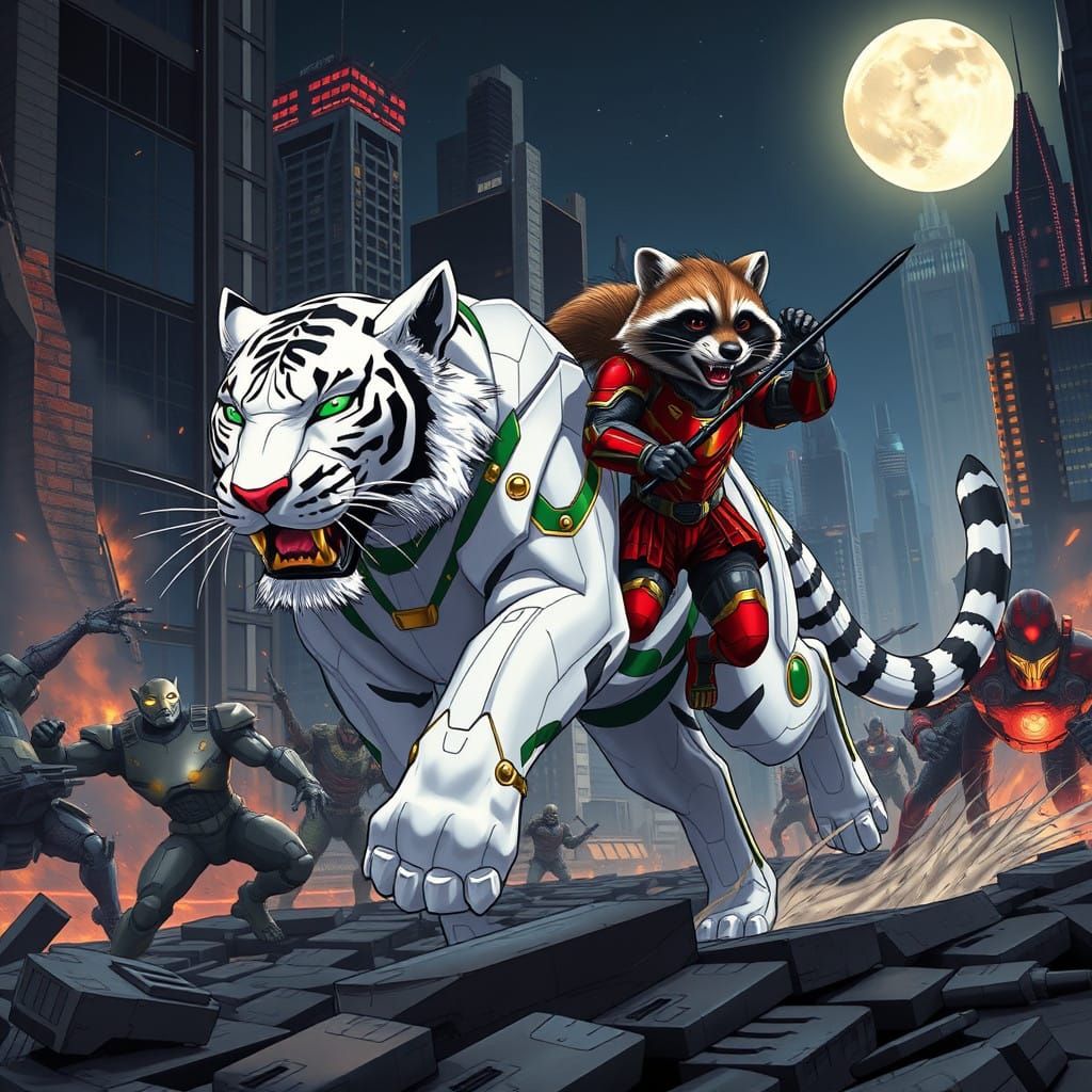 Futuristic Battle Scene with Armored Tiger and Raccoon