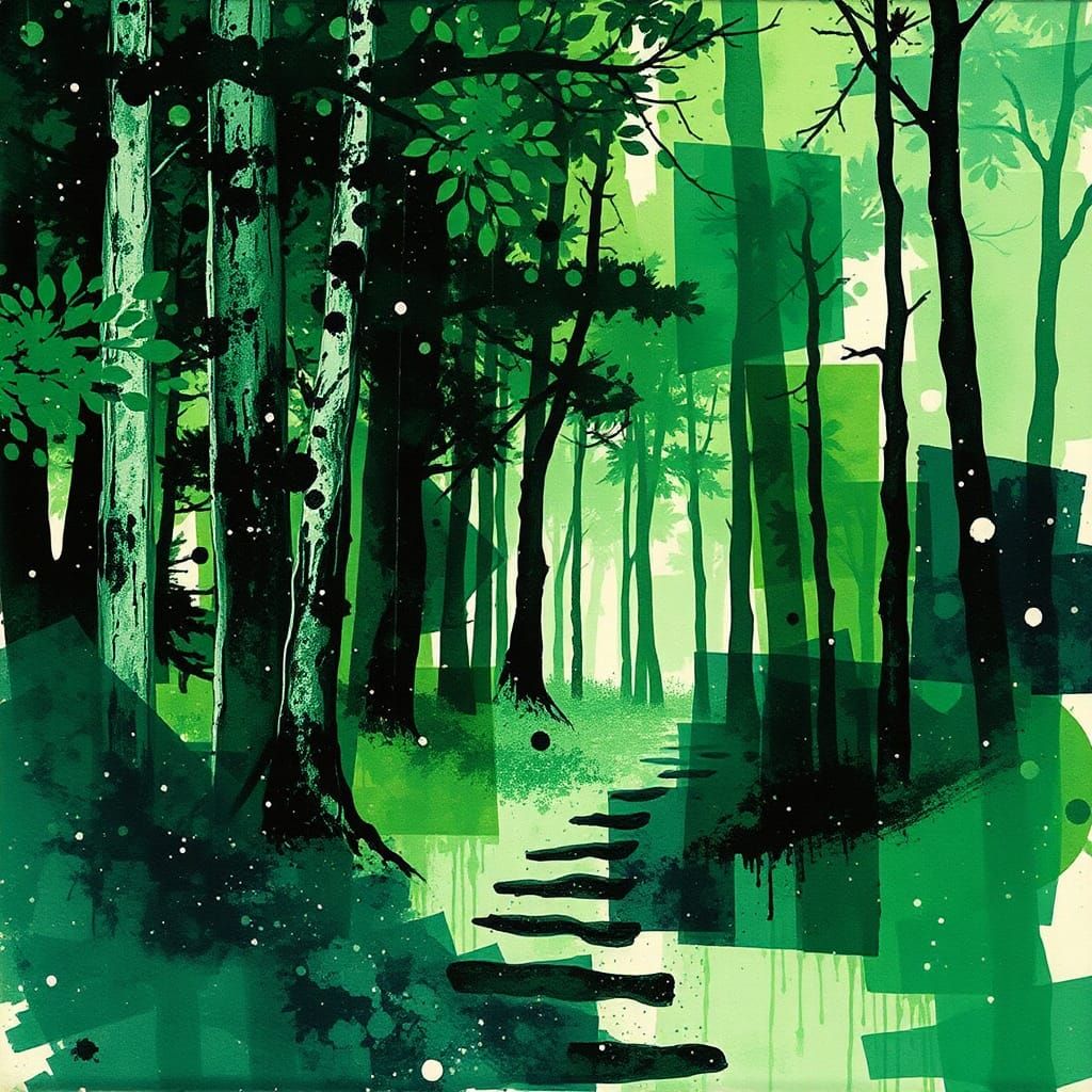 Abstract Rainforest Collage in Ink Splashes
