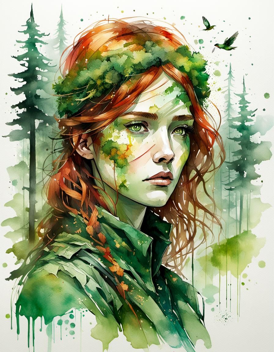 illustration à l'aquarelle futuriste d'une belle femme rousse garde forestier vêtue d'un uniforme vert surveillant les p...