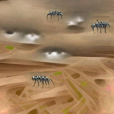 Alien Herd Roams Barren Desert Under Gray Sky