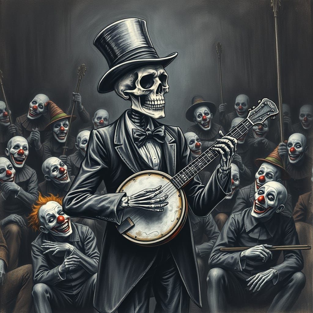 Skeleton Plays Banjo at Clown Funeral: Charcoal Drawing