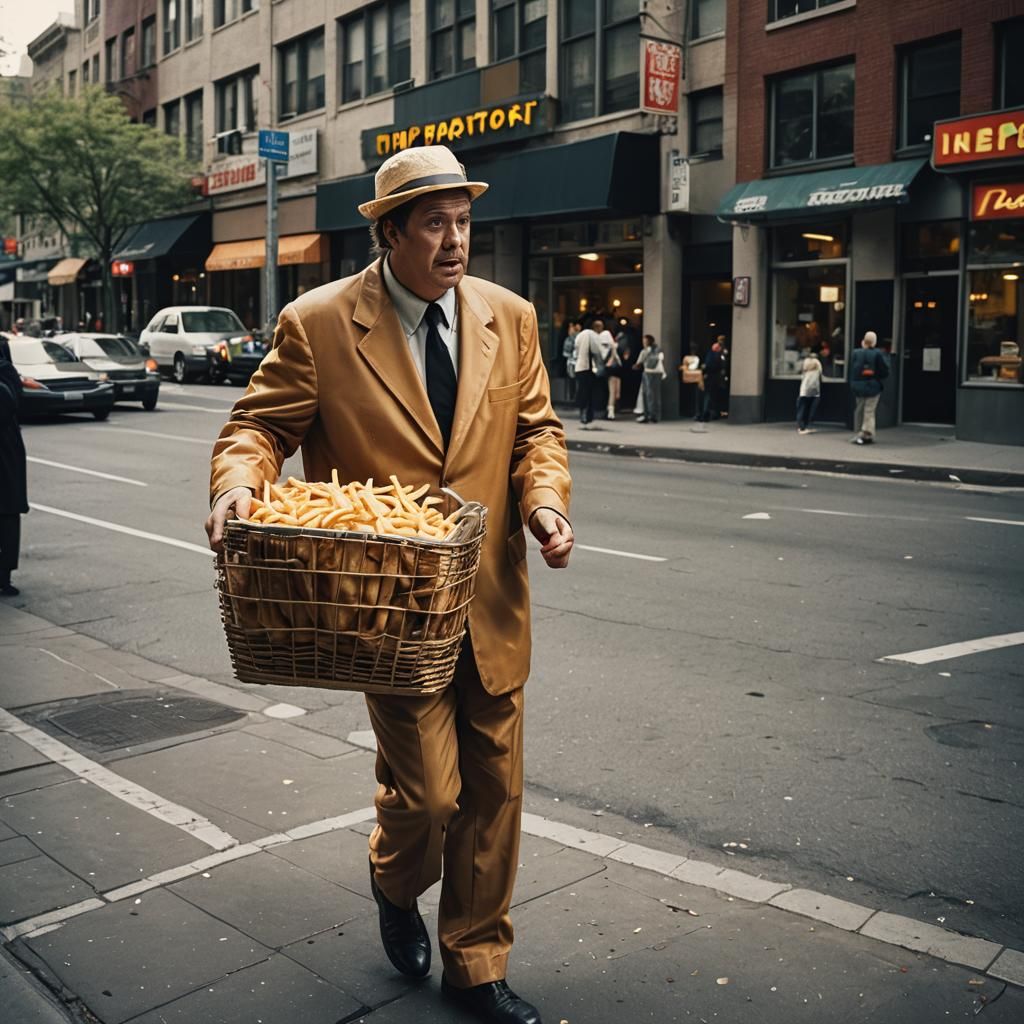 Hamburger Man with Fries on City Street