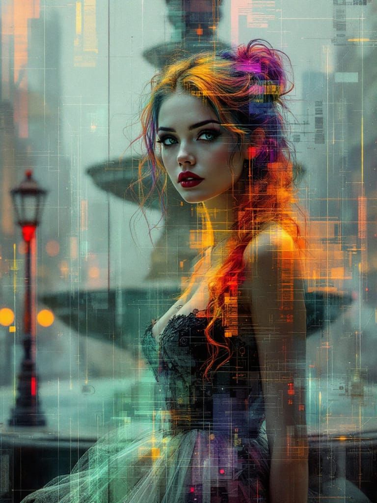 Renaissance Pin-Up Woman with Rainbow Hair in Dürer Glitch S...