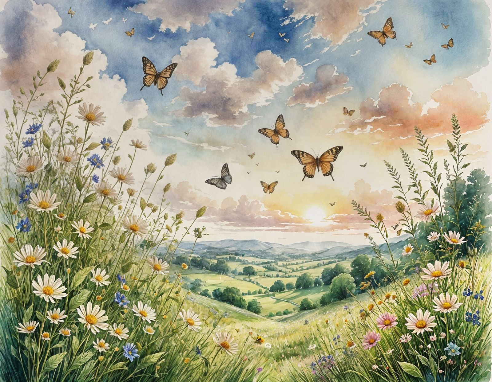 Serene Wildflower Meadow in Watercolour