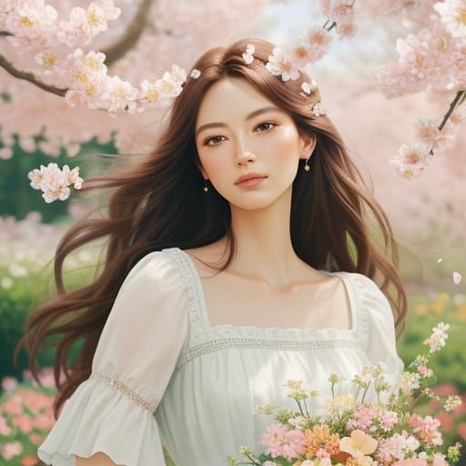 Romantic Woman Surrounded by Vibrant Flowers
