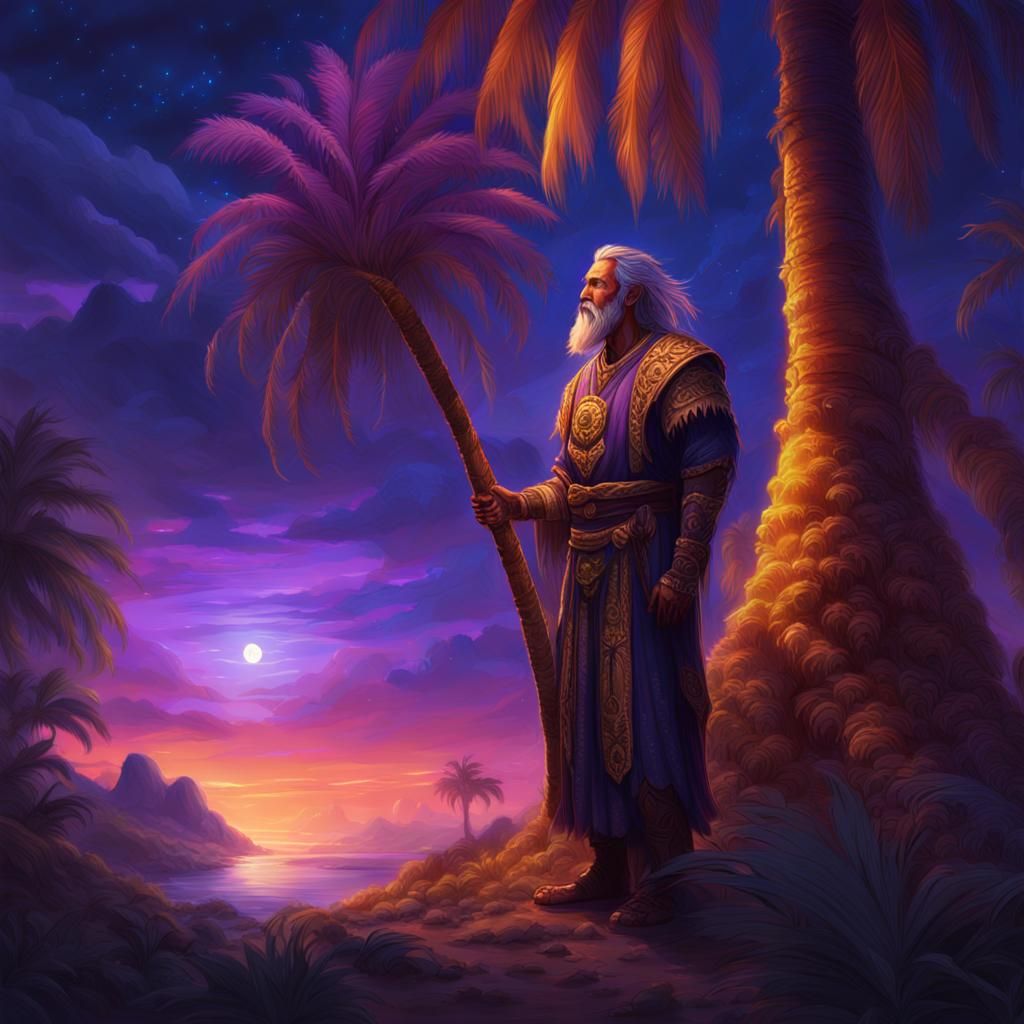 Mystical Druid Under Glowing Palm Tree: Fantasy Art