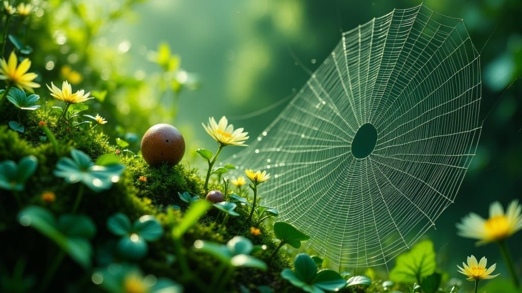 Glistening Spiderweb in Lush Foliage, Monet-Inspired