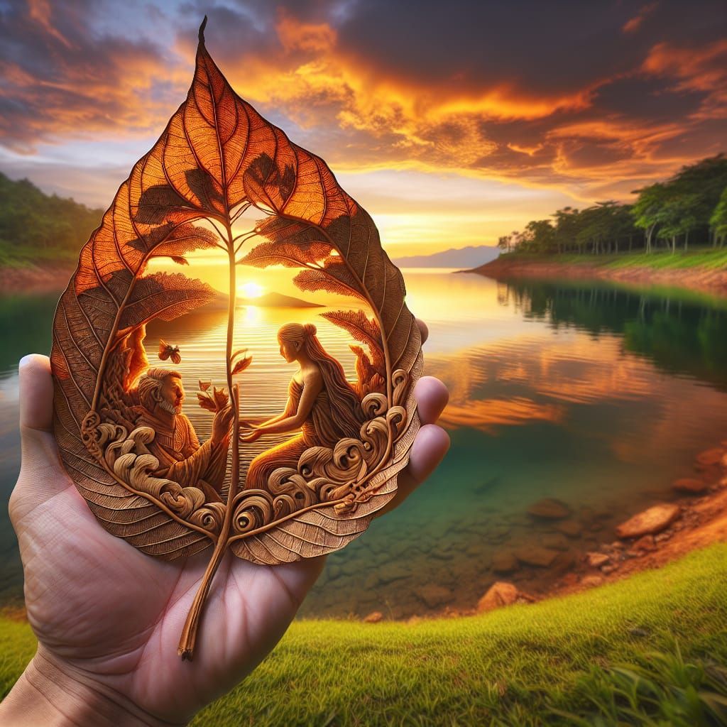 Intricate Leaf Carving of a Woman at Sunset