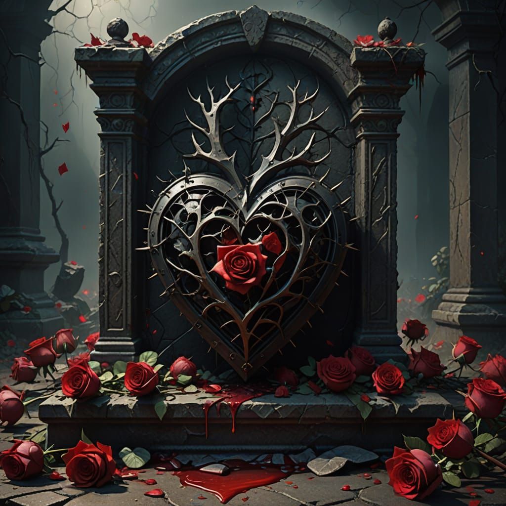 Surreal Broken Heart with Spear and Roses