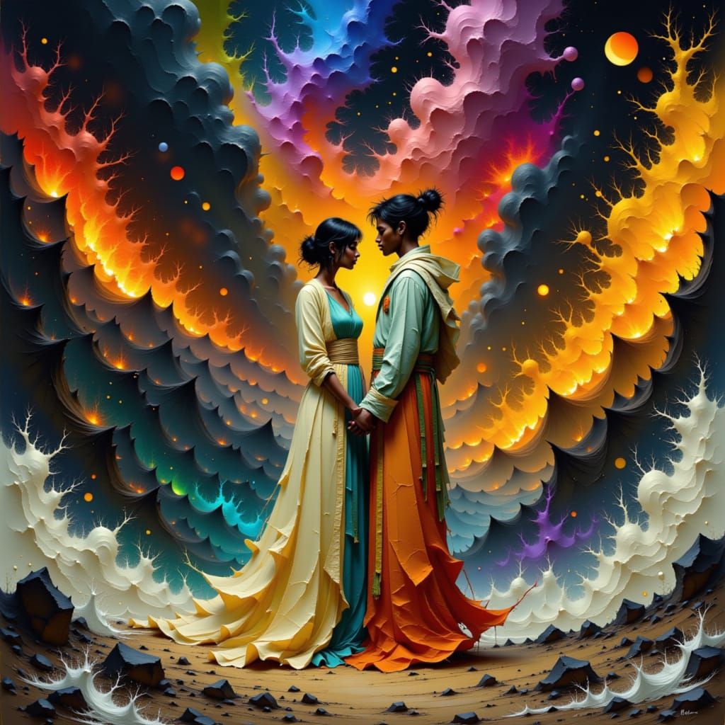 Couple Amidst Elemental Forces in Dramatic Style