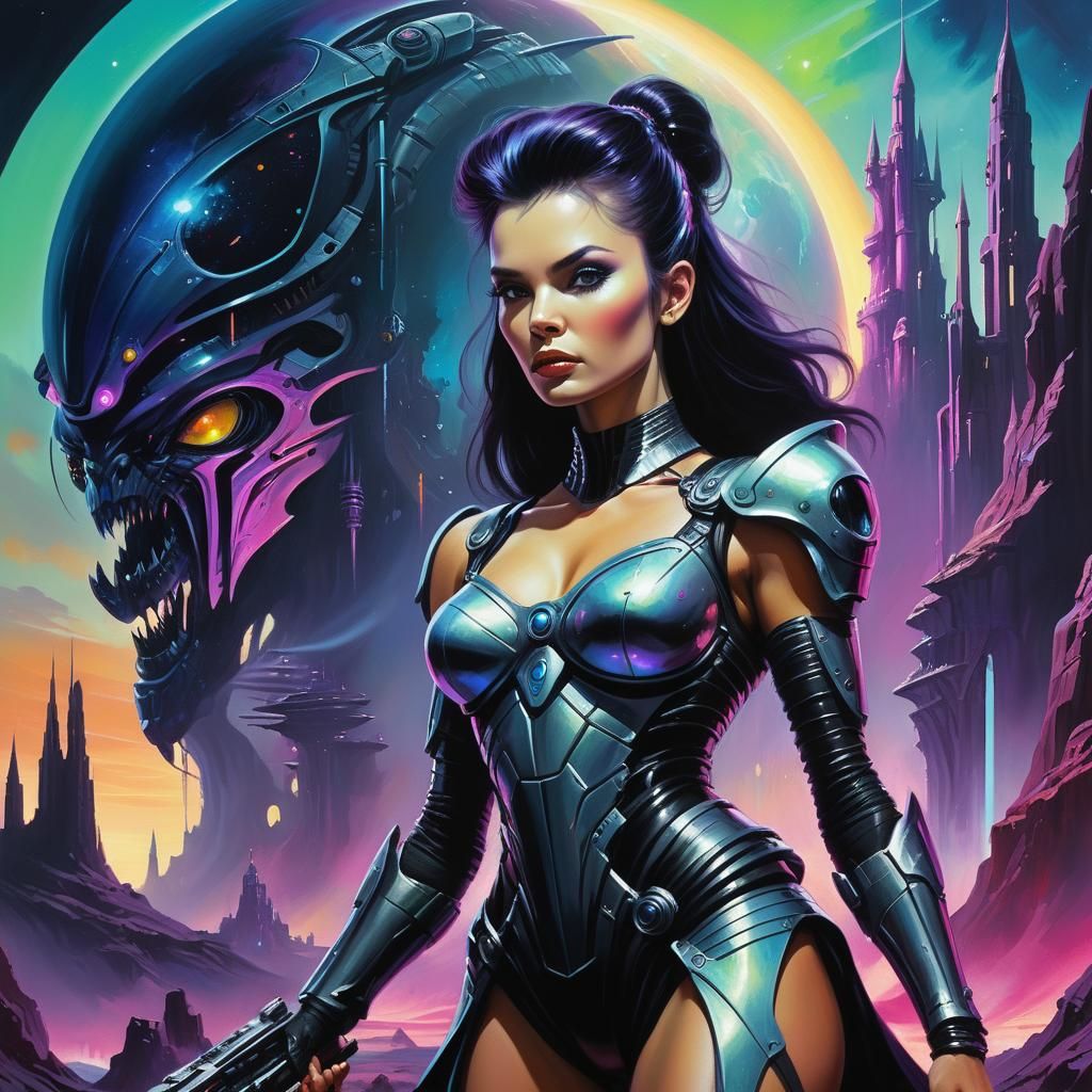 Warrior Princess on Alien Planet in Dark Fantasy Oil Paintin...
