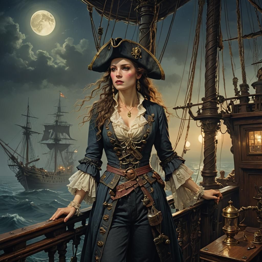 Pirate Lady in Moonlight, Classic Painting Style
