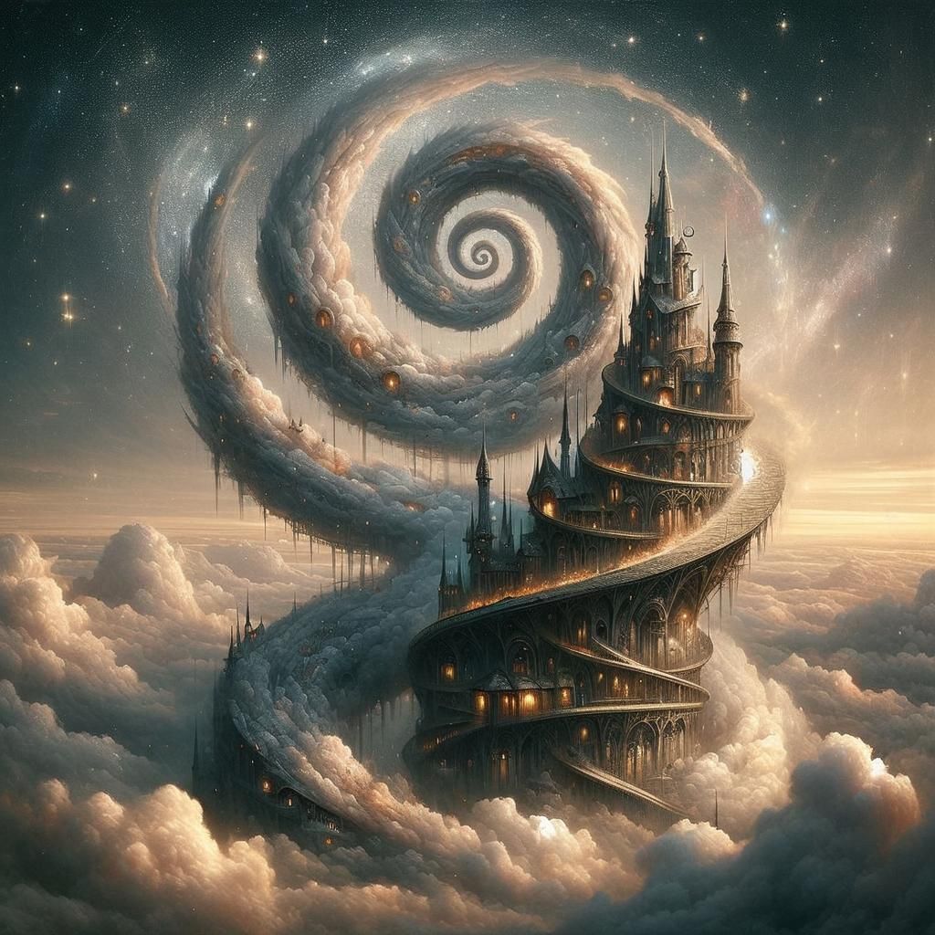 Spiraling Fantasy House Ascends to Sky, Detailed Art