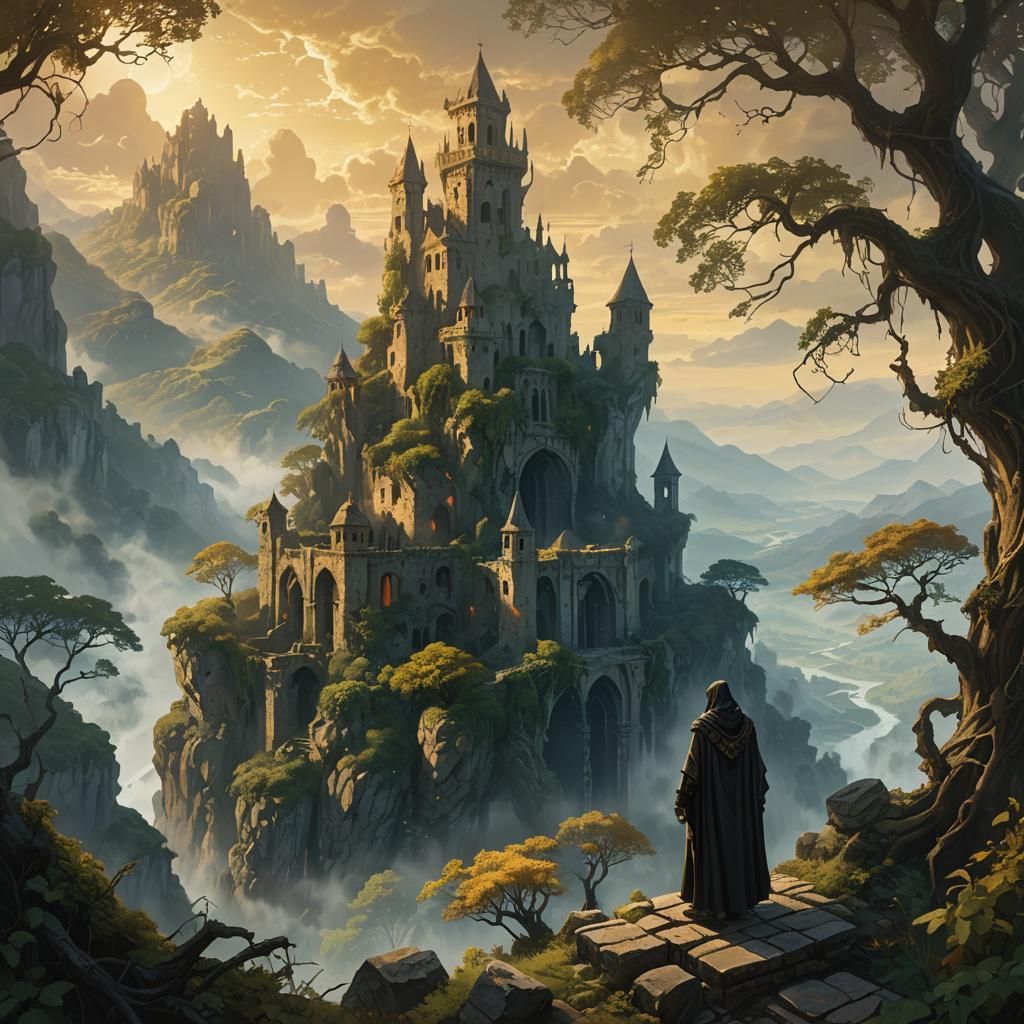 Renaissance Fantasy Art: Cloaked Figure in Ancient Ruins