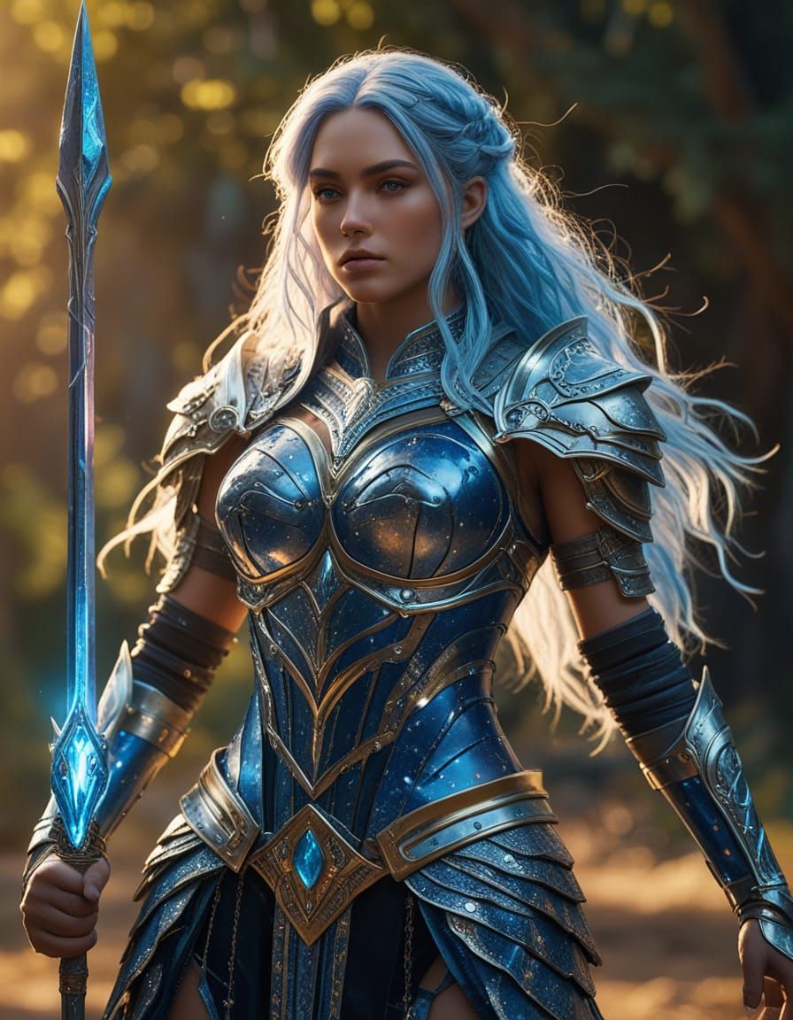 Female Warrior with Crystalline Armor in Digital Art