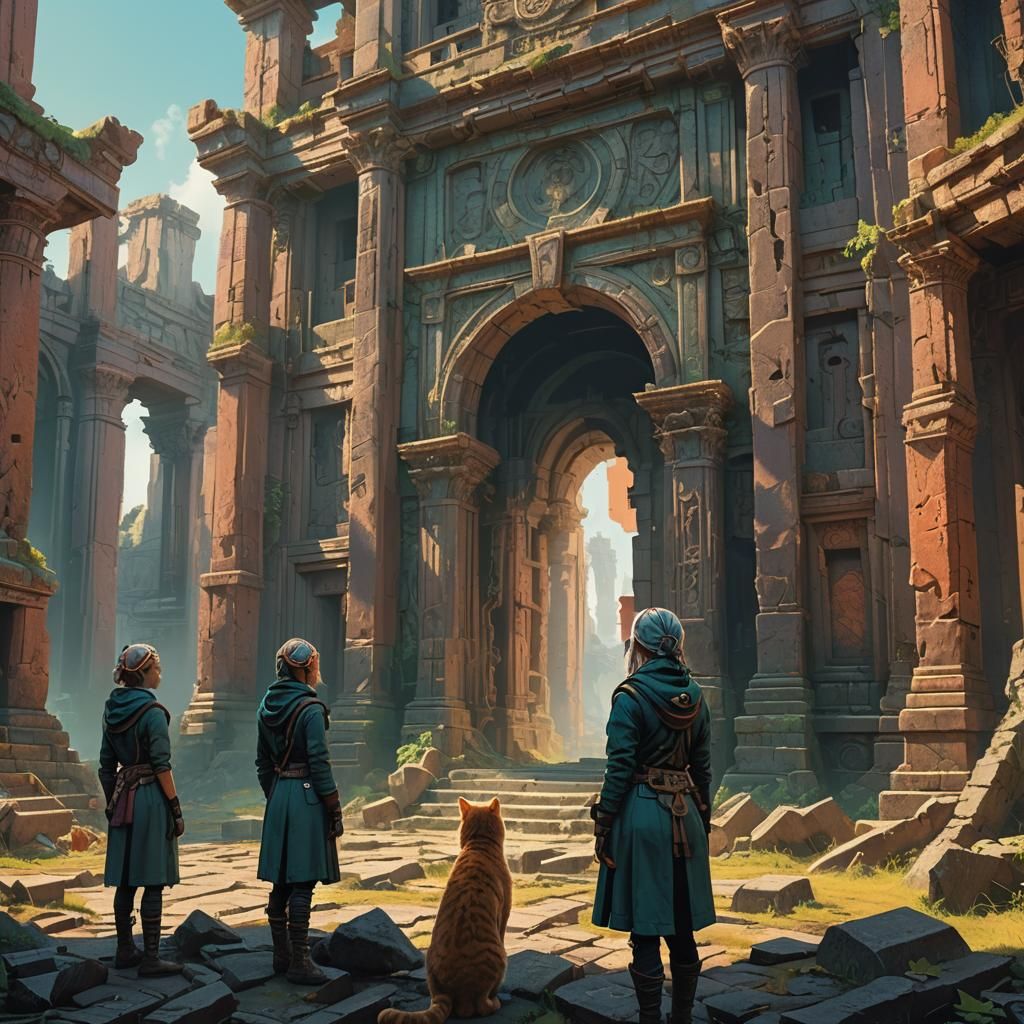 Cat-Headed Women in Ancient Ruins: Fantasy Art
