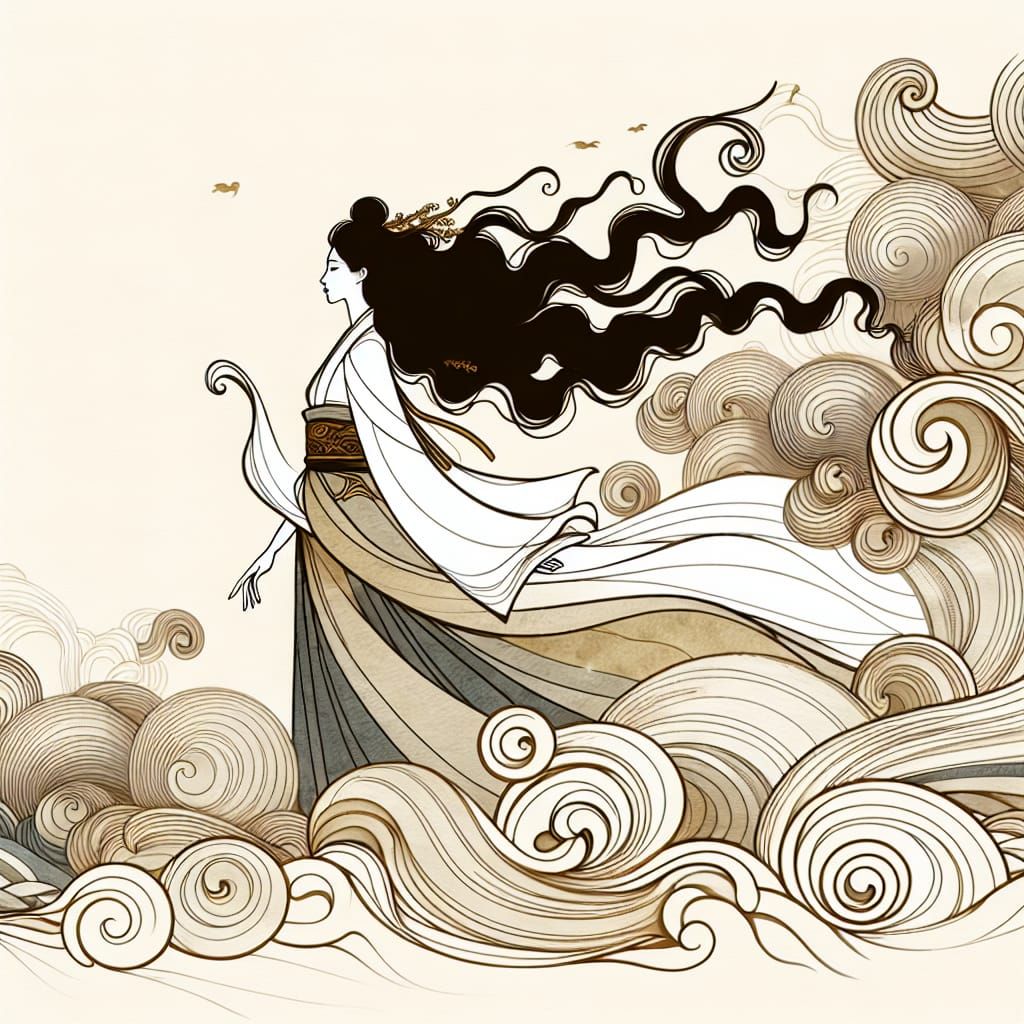 Elegant Woman Amidst Ocean Waves in Watercolor Style
