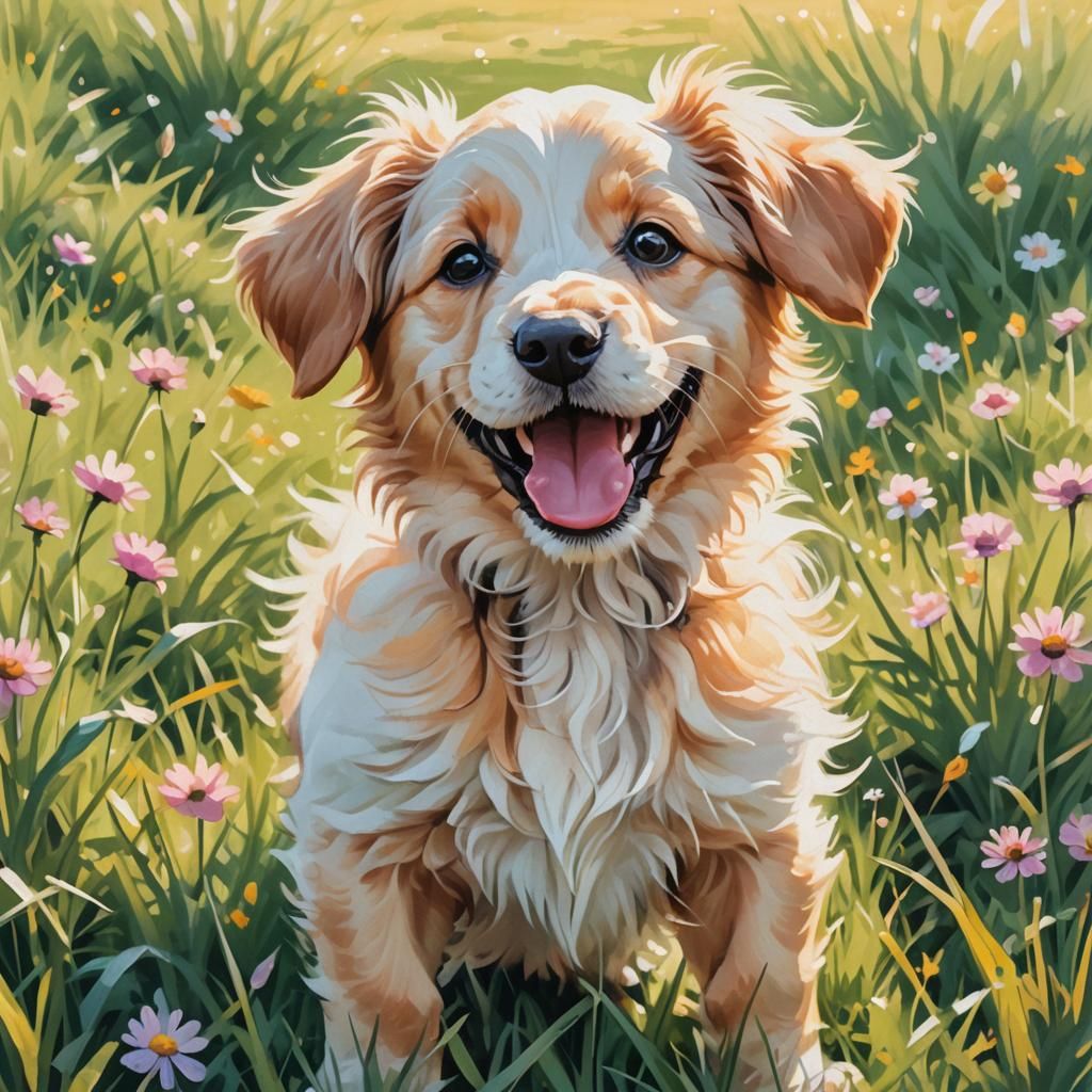 Whimsical Puppy Plays in Sunny Meadow