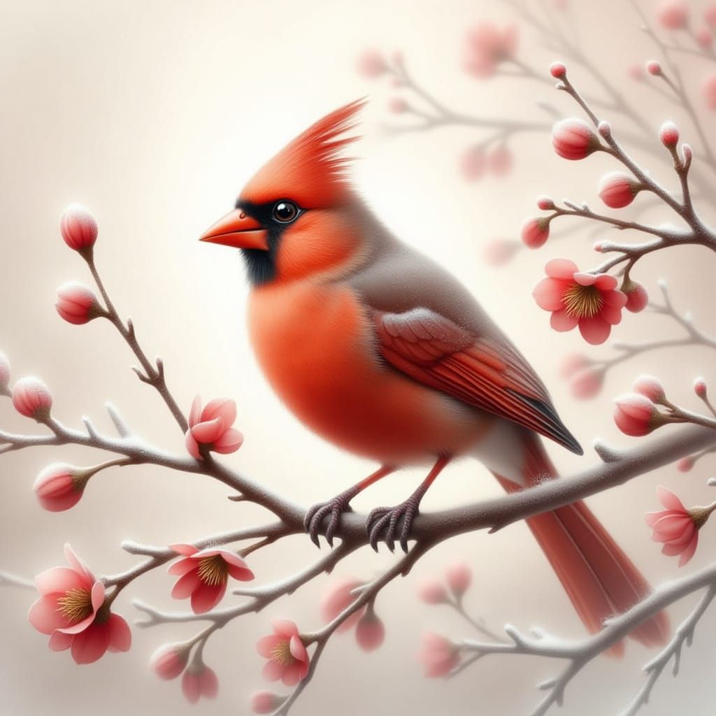 Cardinal in Dreamy Mist with Cherry Blossoms