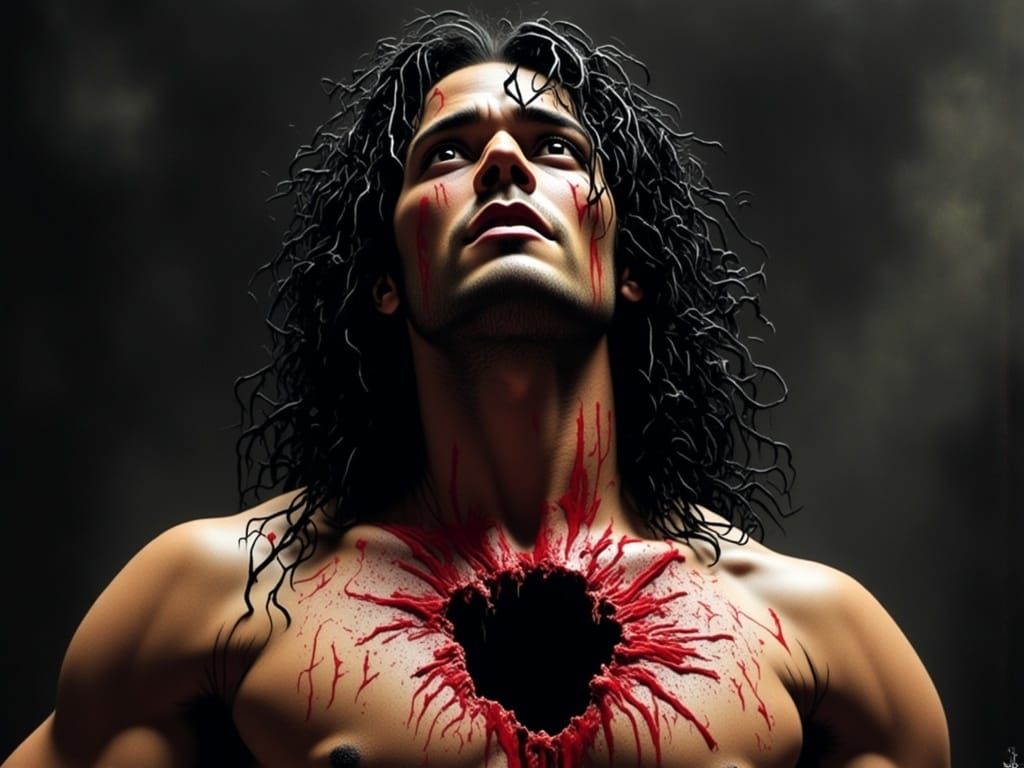 Distraught Man with Chest Wound in Graffiti Art