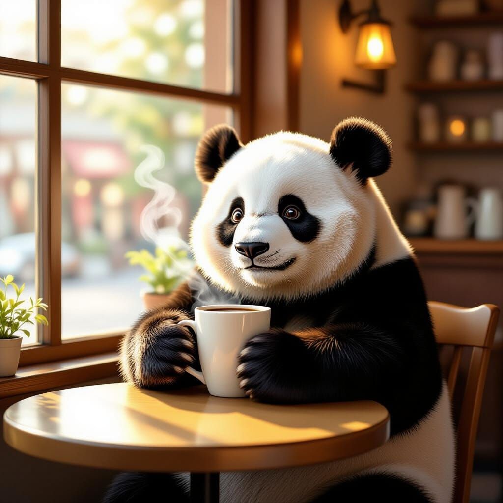 Adorable Panda Enjoys Coffee in Storybook Style
