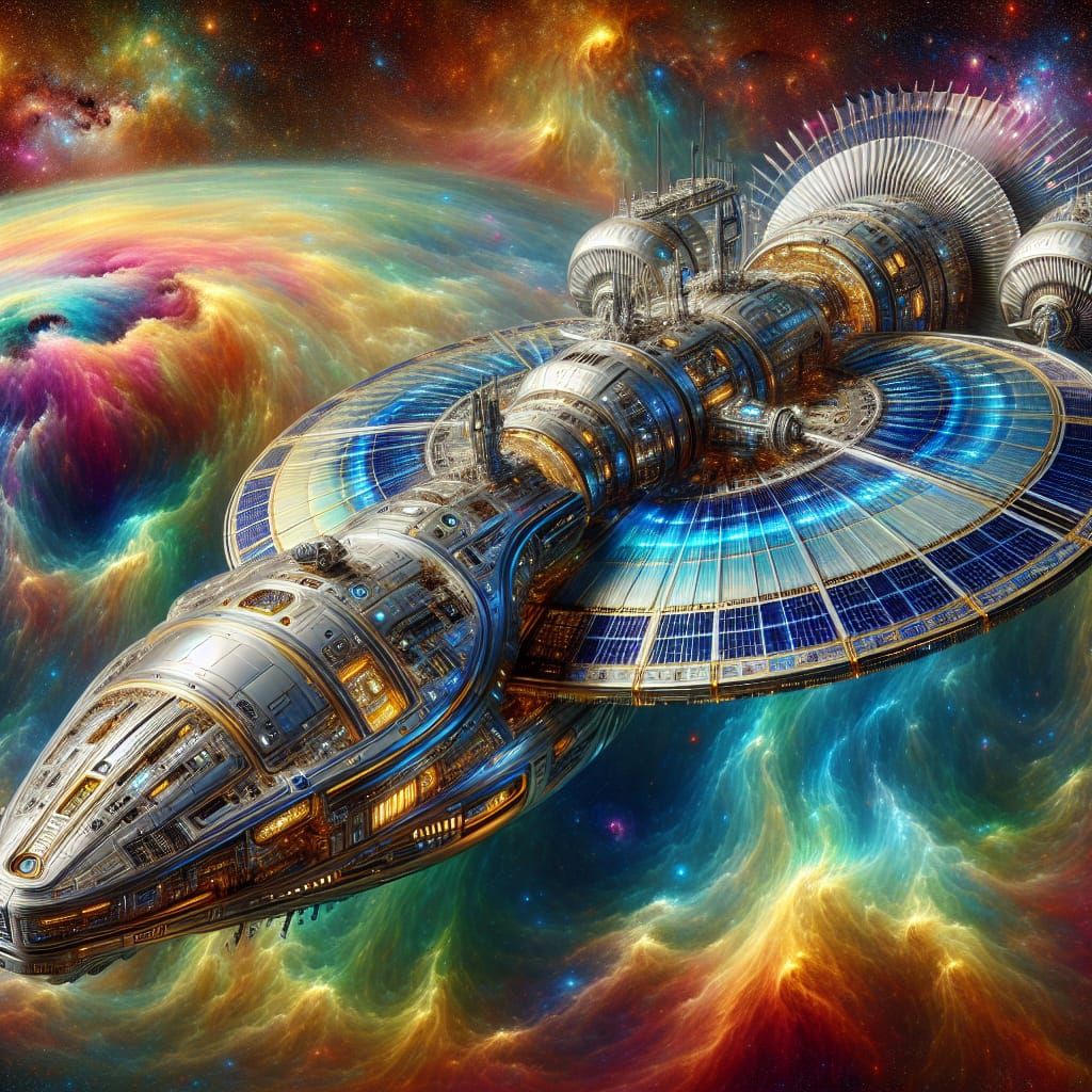 Sleek Silver Space Cruiser Soars Through Gas Giant Atmospher...