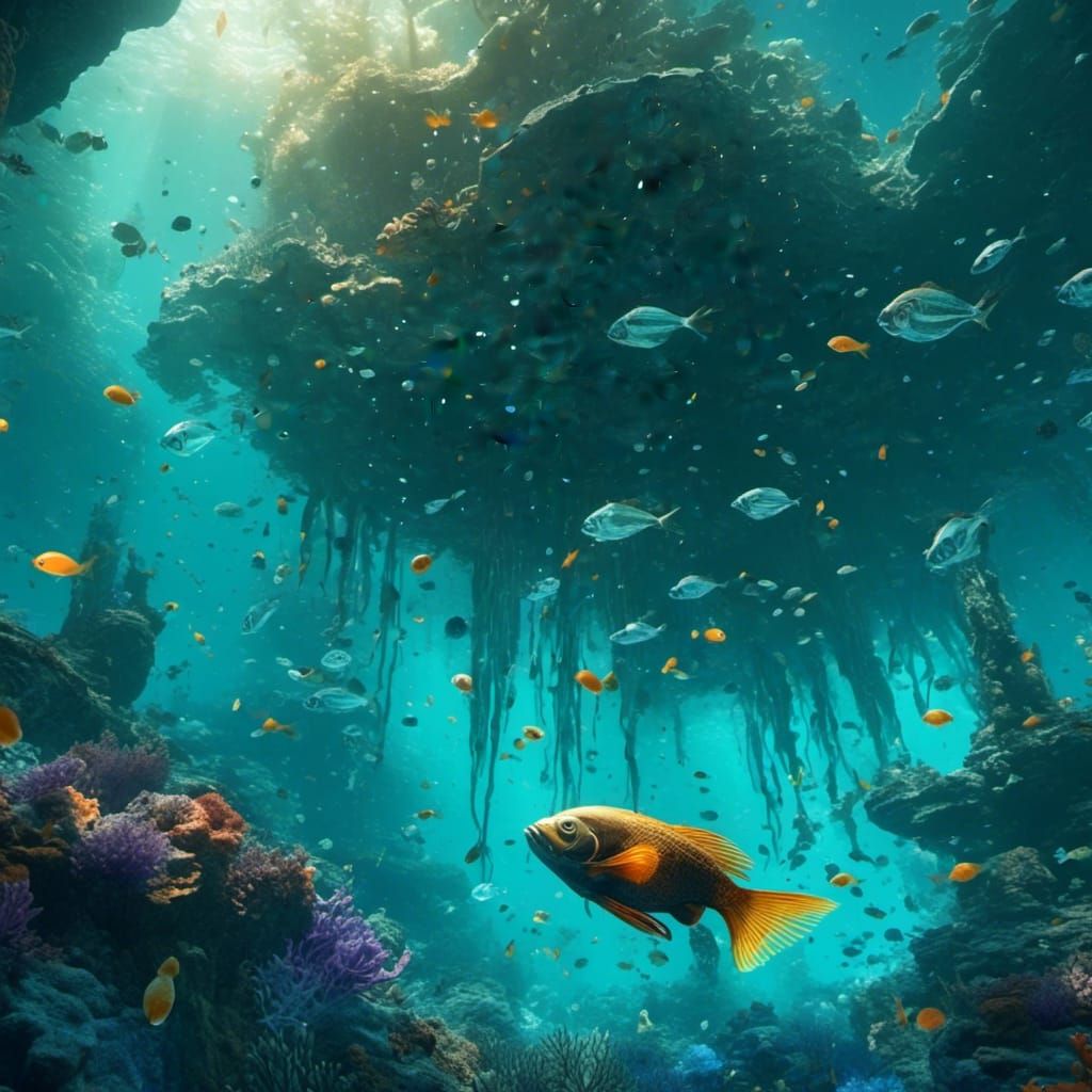 Luminous Abyssal Fish in Dark Underwater Landscape