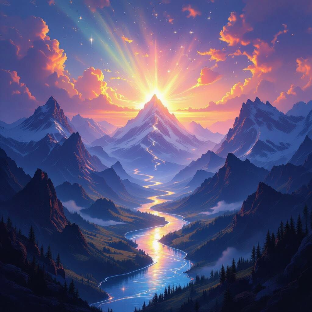 Epic Fantasy Landscape: Mountains, Rivers, and Radiant Skies