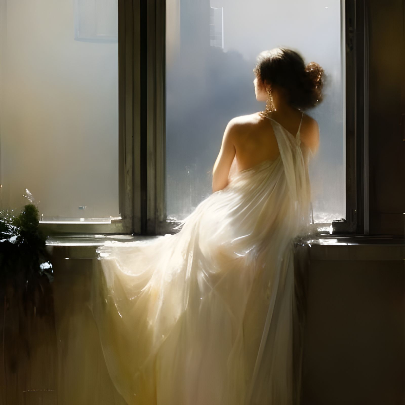 Girl in White Dress Looking Out Window