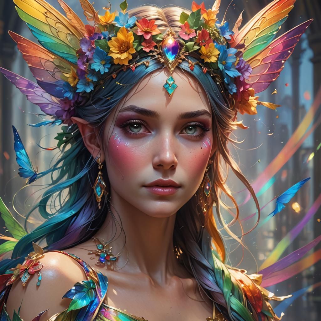 Rainbow Fairy Queen Portrait in Hyperdetailed Style