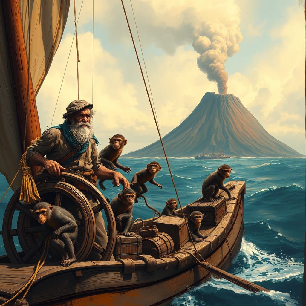 Captain and Crew in Sun-Weathered Raft, Inspired by Frazetta...