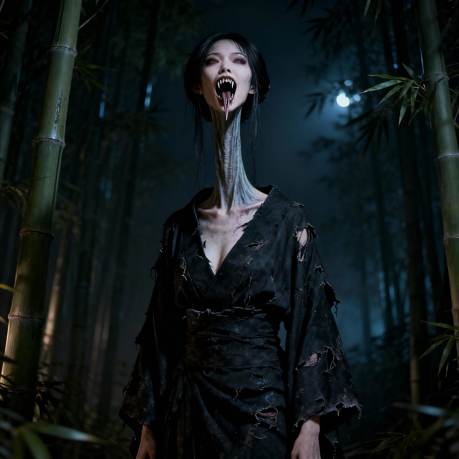 Rokurokubi in Dark Bamboo Forest: Photorealistic 8k