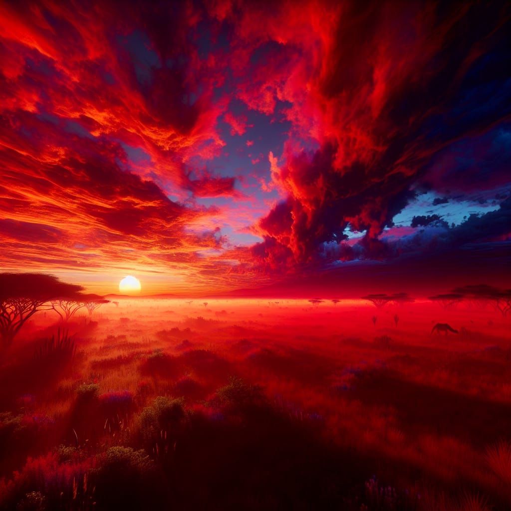Radiant Red Sunrise Over Open Savannah