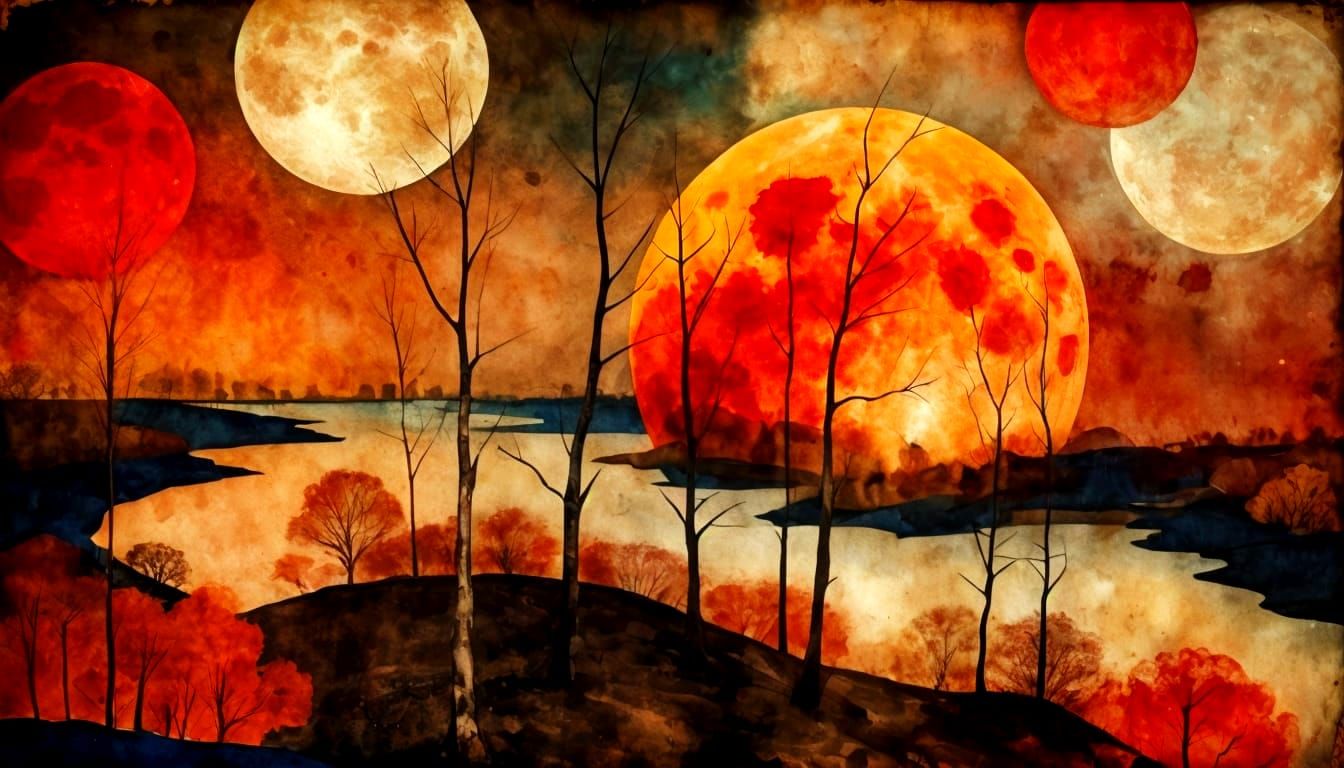 Cosmic Birch Tree Winter Scene in Vibrant Colors