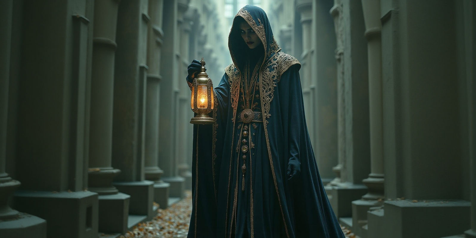 Regal Figure Holding Lantern in Dark Surrealist Style