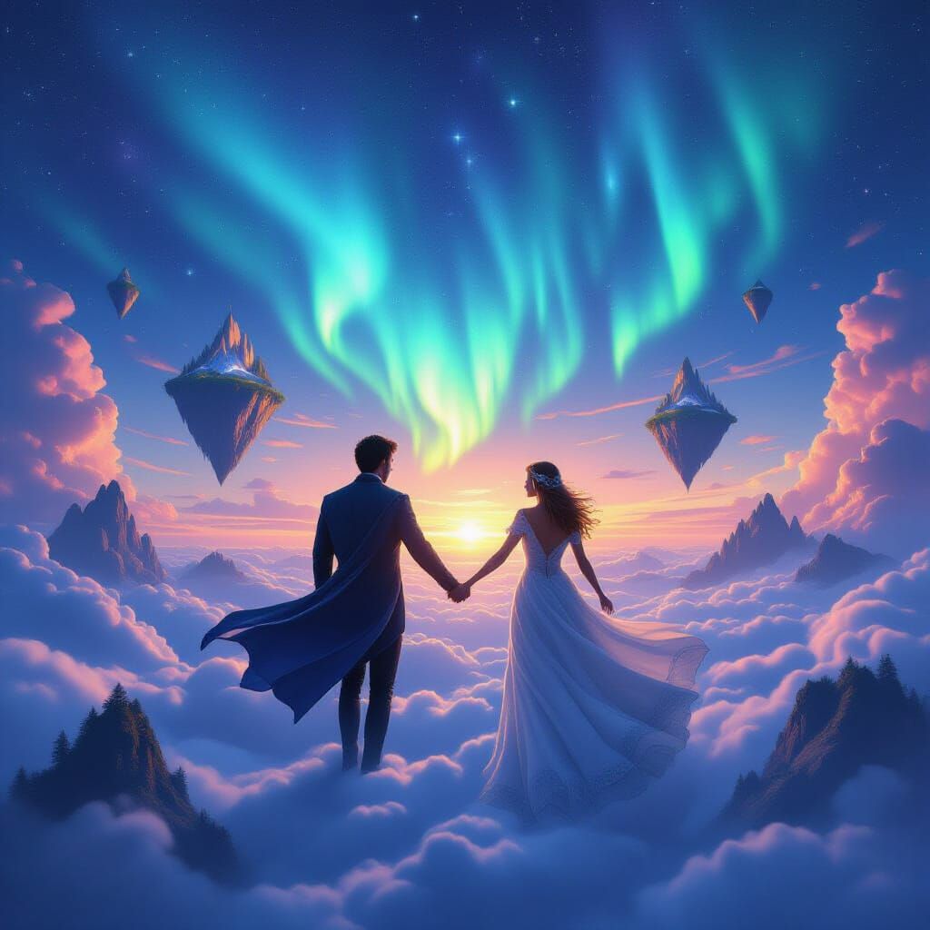 Magical Couple Holding Hands Amidst Floating Islands and Aur...