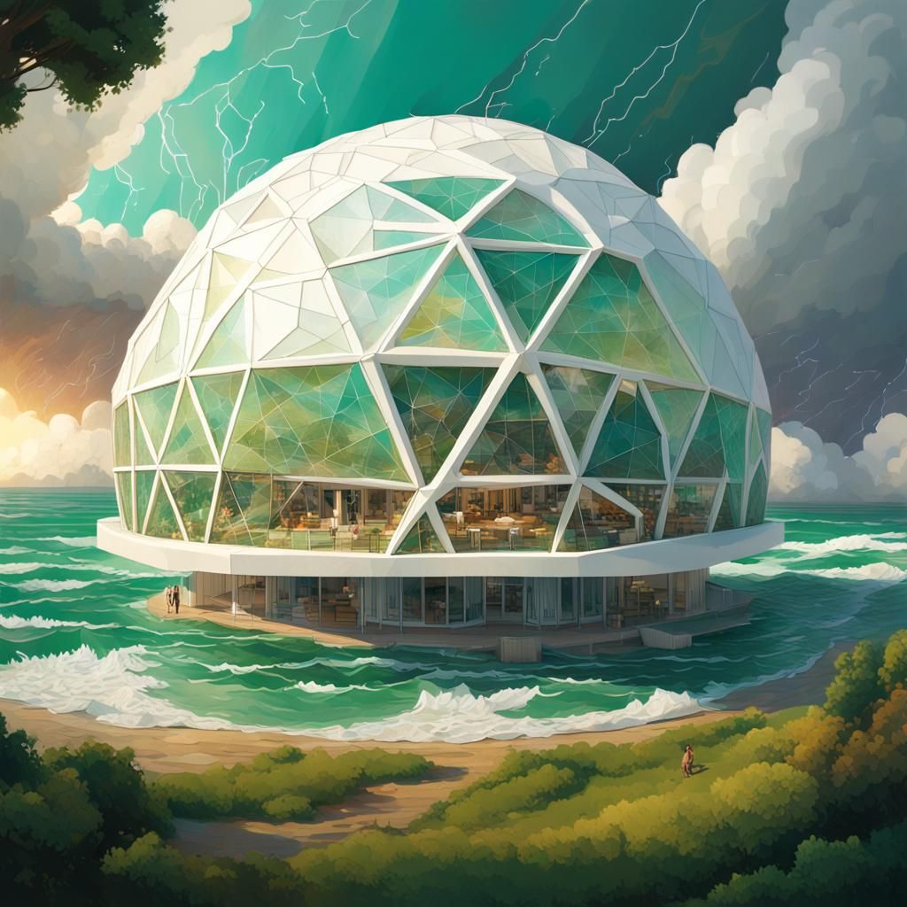 Hyperrealistic Geodesic City Dome by the Ocean