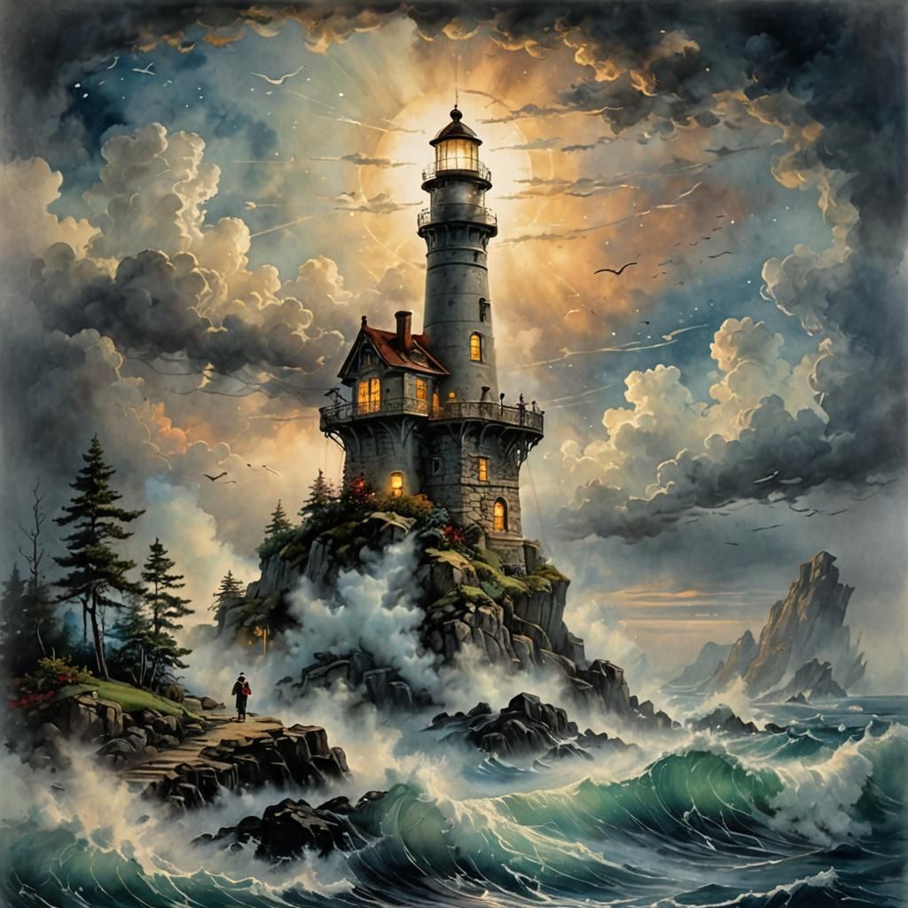 Lighthouse in Enchanted Mist: Ethereal Fantasy Art