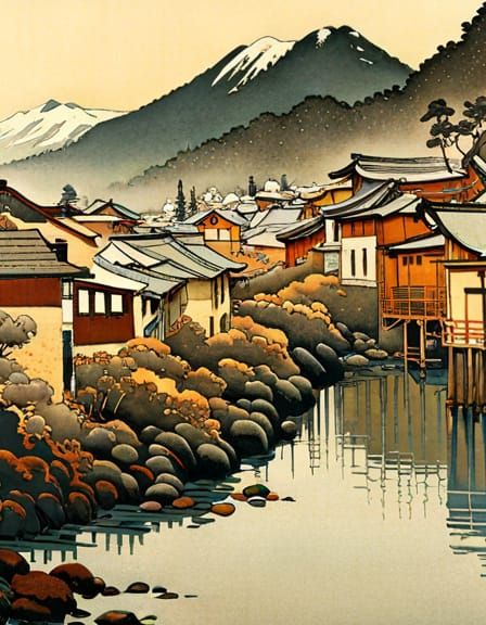 Peaceful Village Landscape in Woodblock Print Style