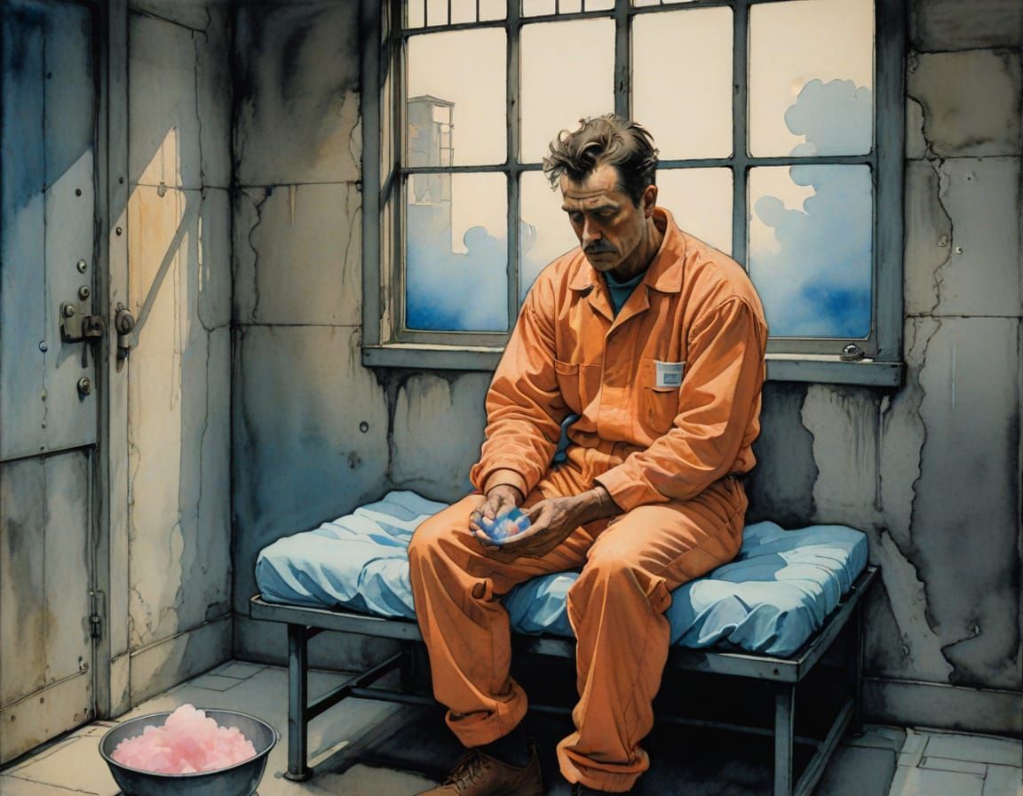 Vibrant Prison Cell Scene in Ink and Watercolor